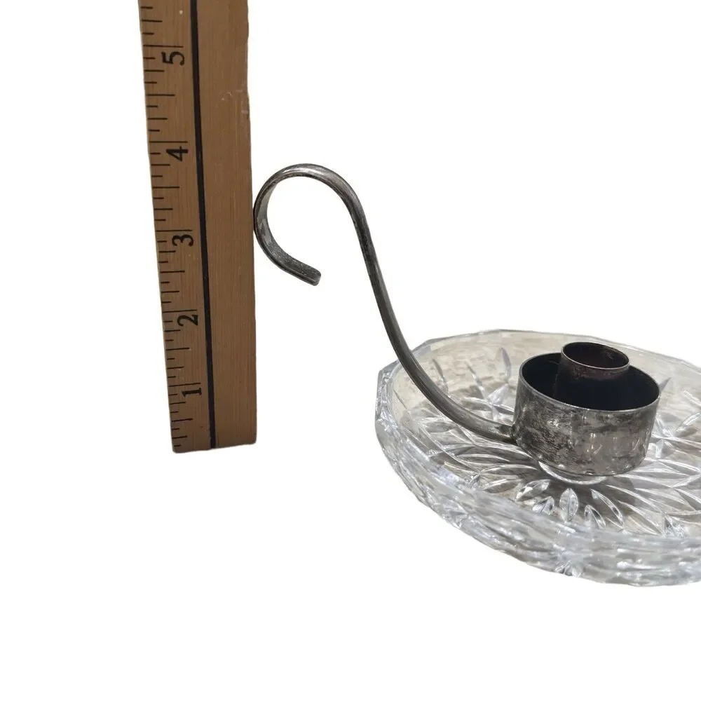 Silver plated Candle Holder 5” Cut Glass‎ Trinket Dish VTG Antique With Handle